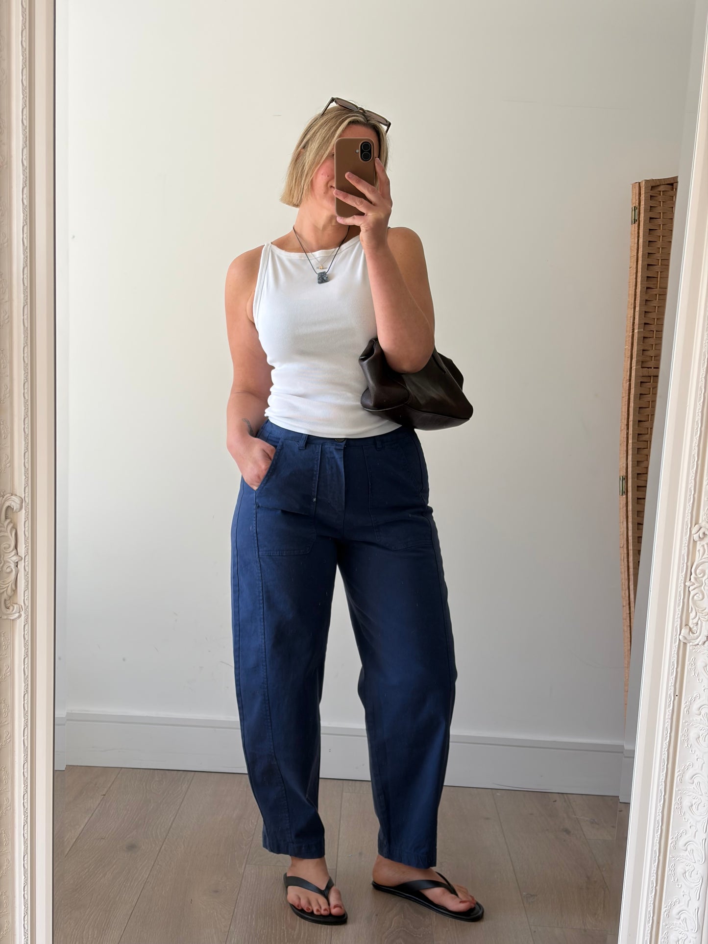Blue barrel leg trousers