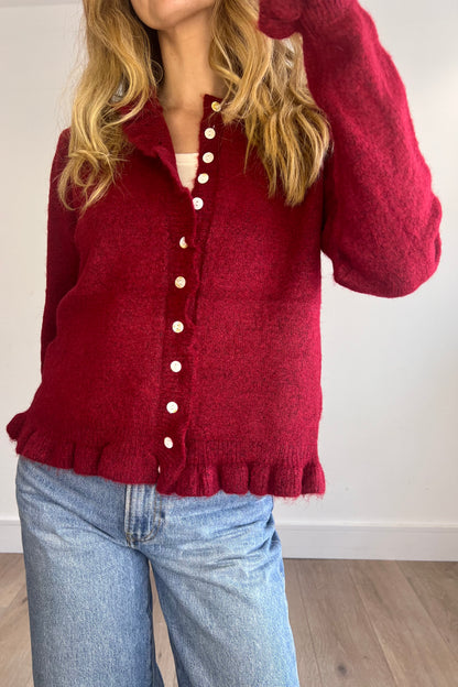 Soft Burgundy Frill Trim Cardigan
