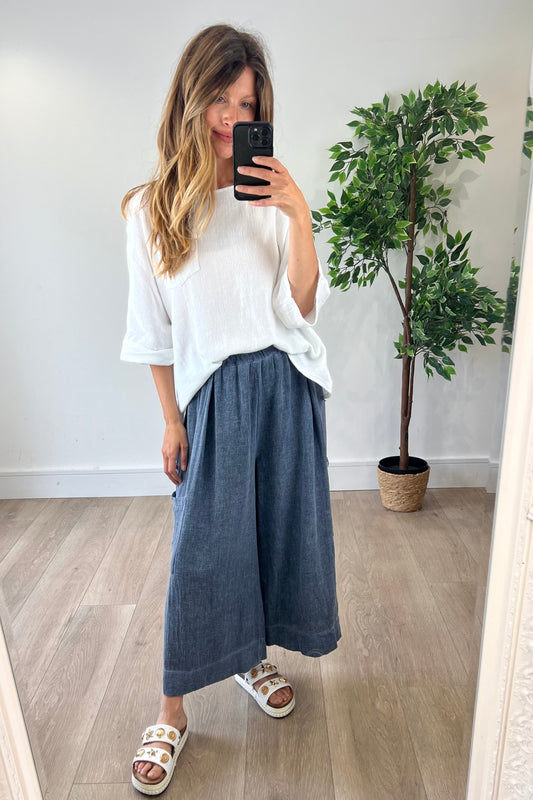 Linen Blend Wide Leg Cropped Trousers in Navy