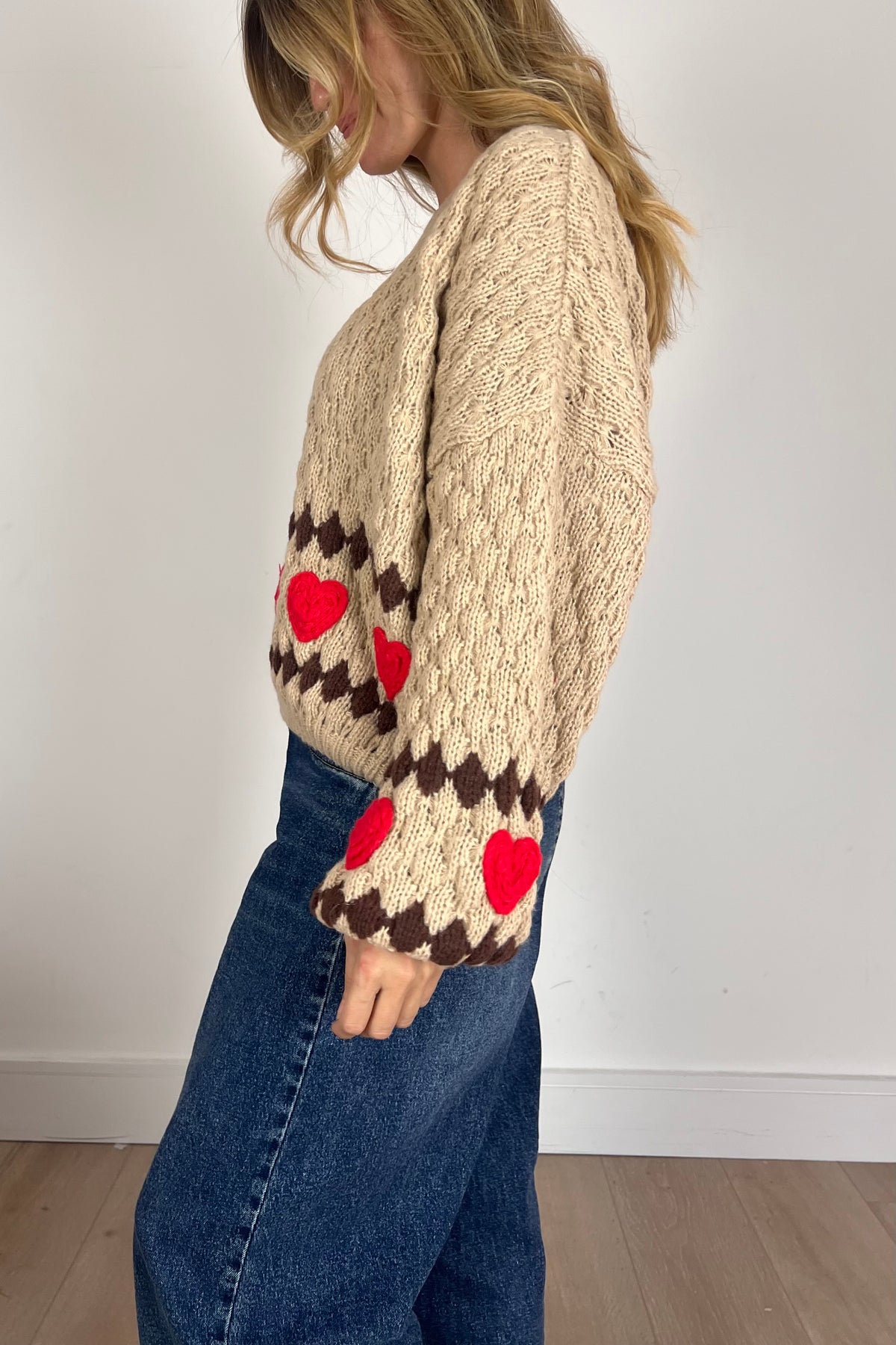 Beige Chunky Knit Jumper With Red Heart Detail