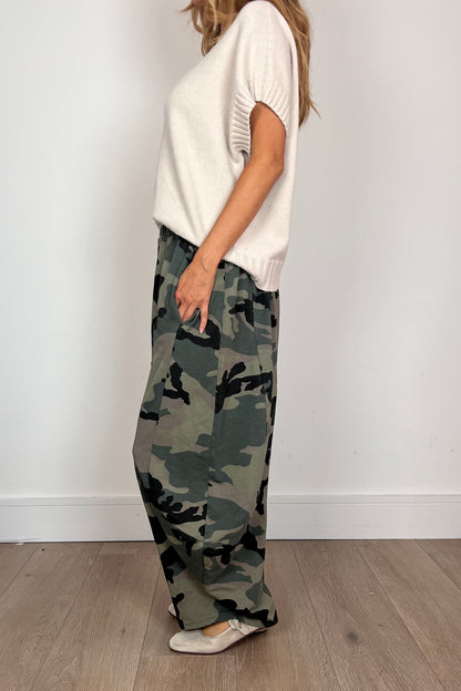 Khaki Camouflage Print Barrel Trousers