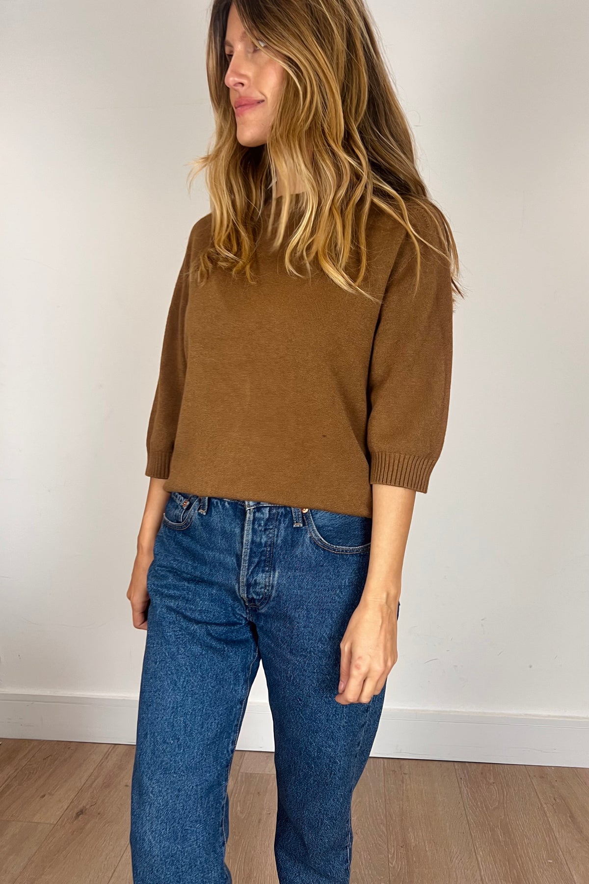 Tobacco 3/4 Sleeve Fine Knit Jumper