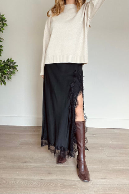 Satin Skirt With Lace Detail and Split