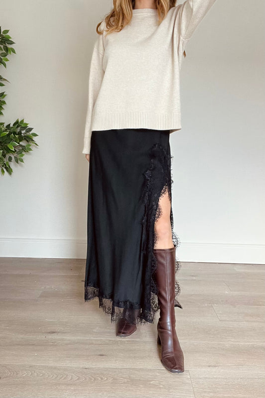 Satin Skirt With Lace Detail and Split