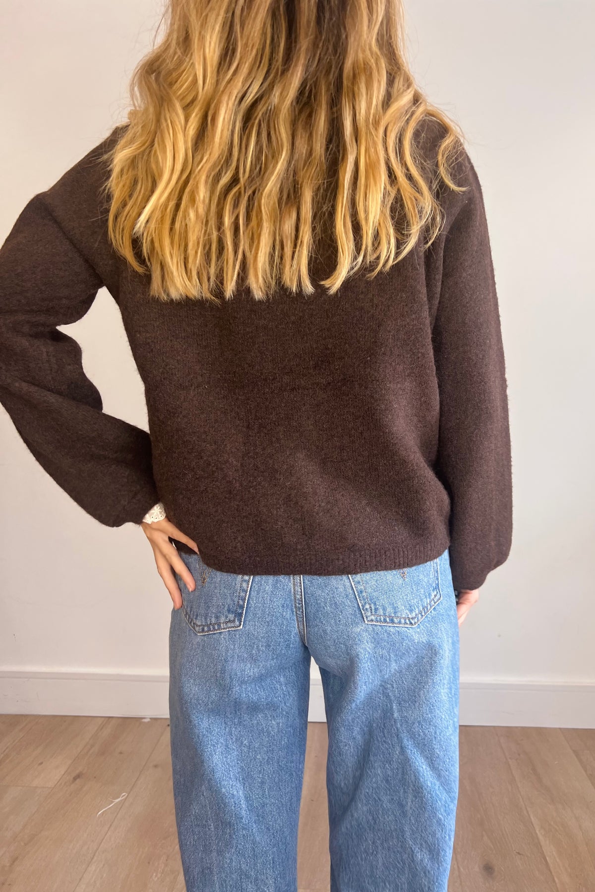 Soft Knit Lace Trim Cardigan in Chocolate