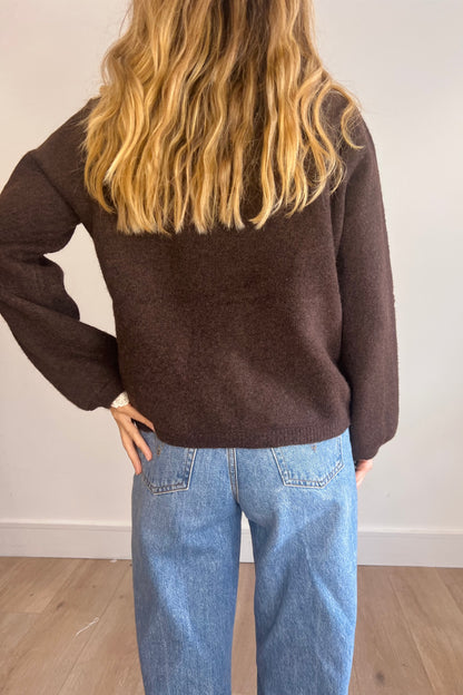 Soft Knit Lace Trim Cardigan in Chocolate