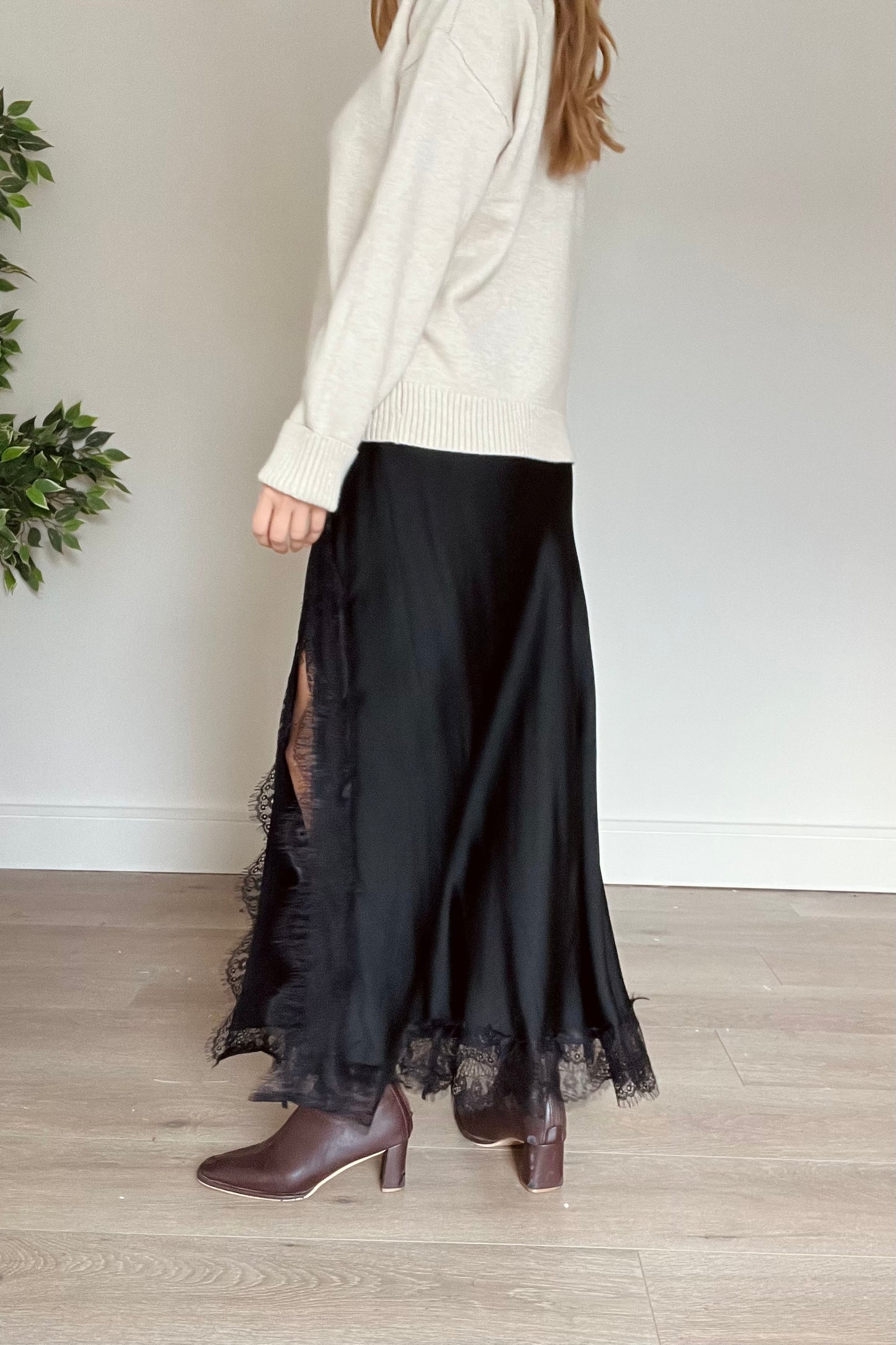 Satin Skirt With Lace Detail and Split