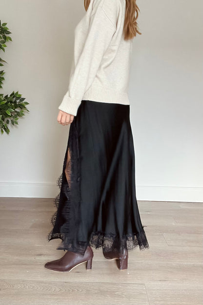 Satin Skirt With Lace Detail and Split