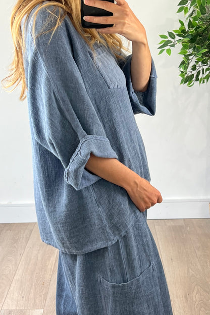 Linen Blend Pocket Top in Navy