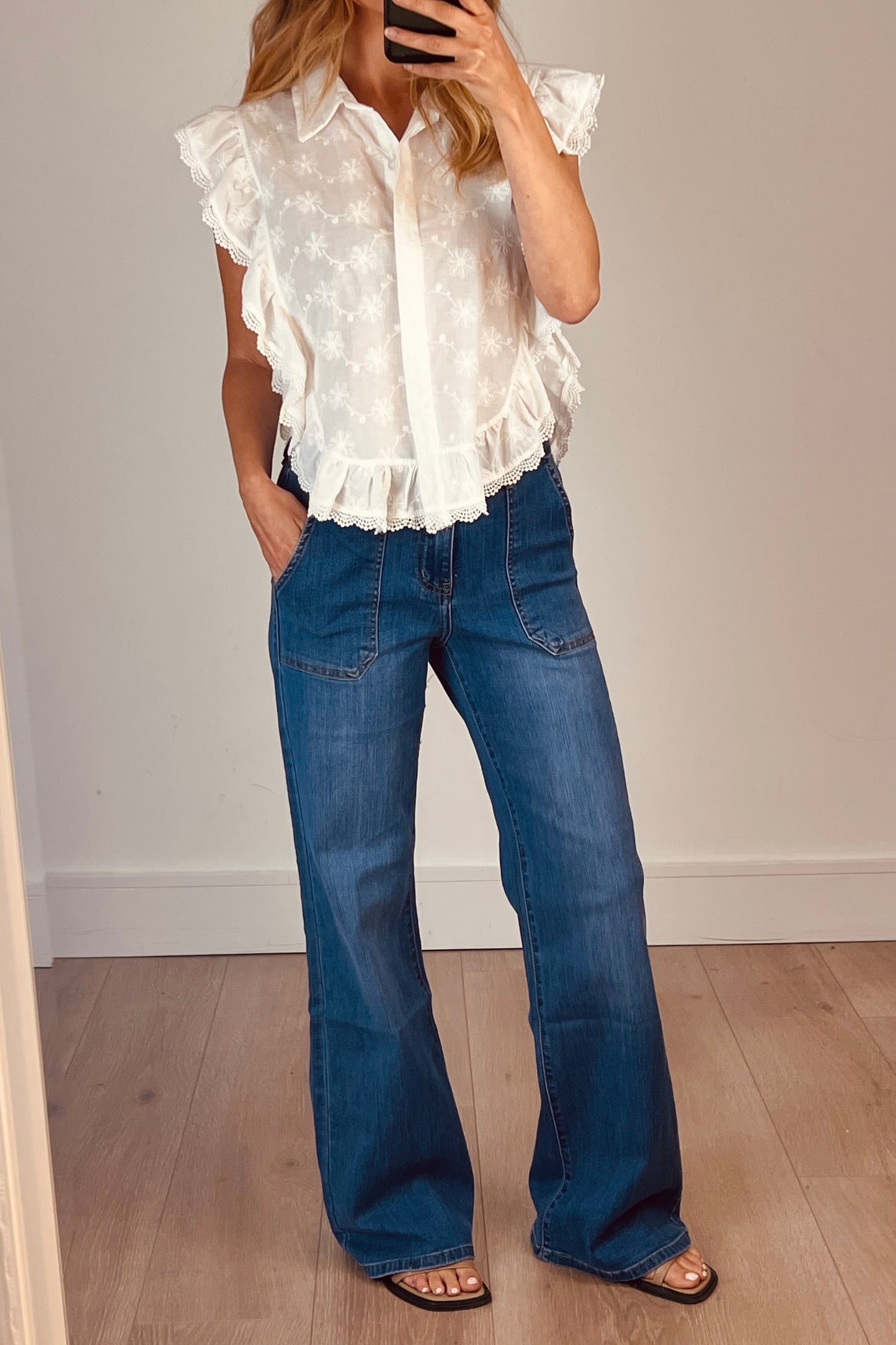 White Embroidered Ruffle Blouse
