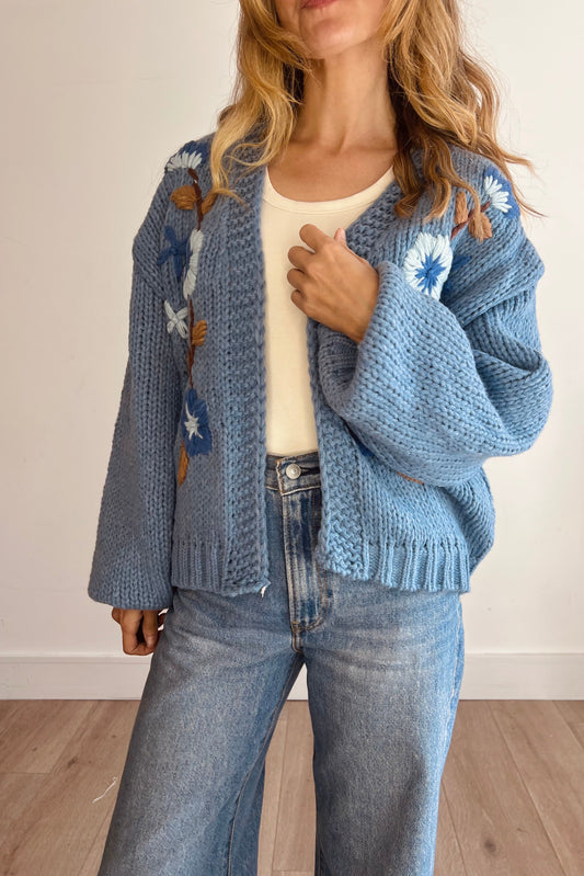 Embroidery Flower Blue Cardigan