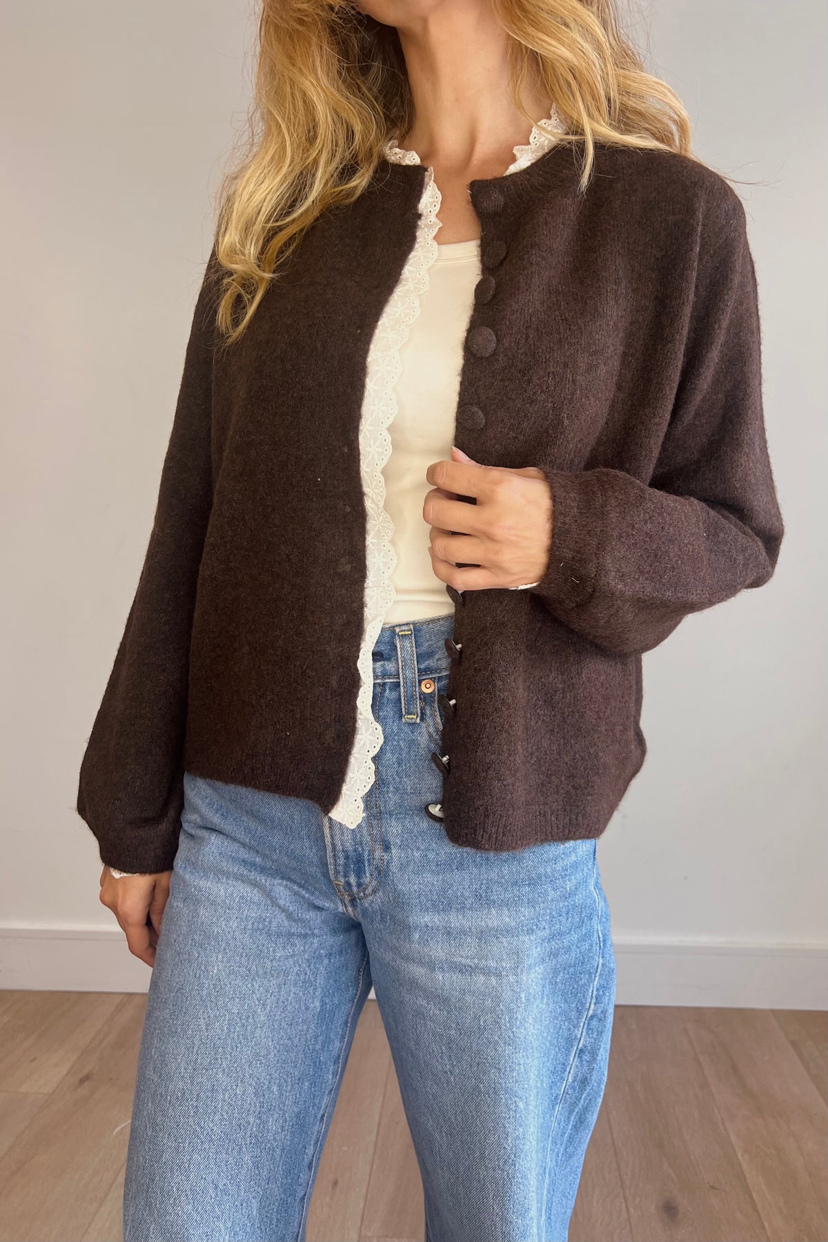 Soft Knit Lace Trim Cardigan in Chocolate