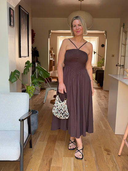 Ruched Bust Brown Dress