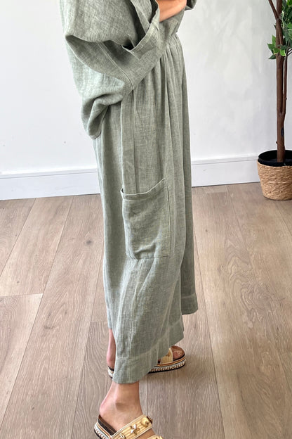 Linen Blend Cropped Wide Leg Trousers in Khaki