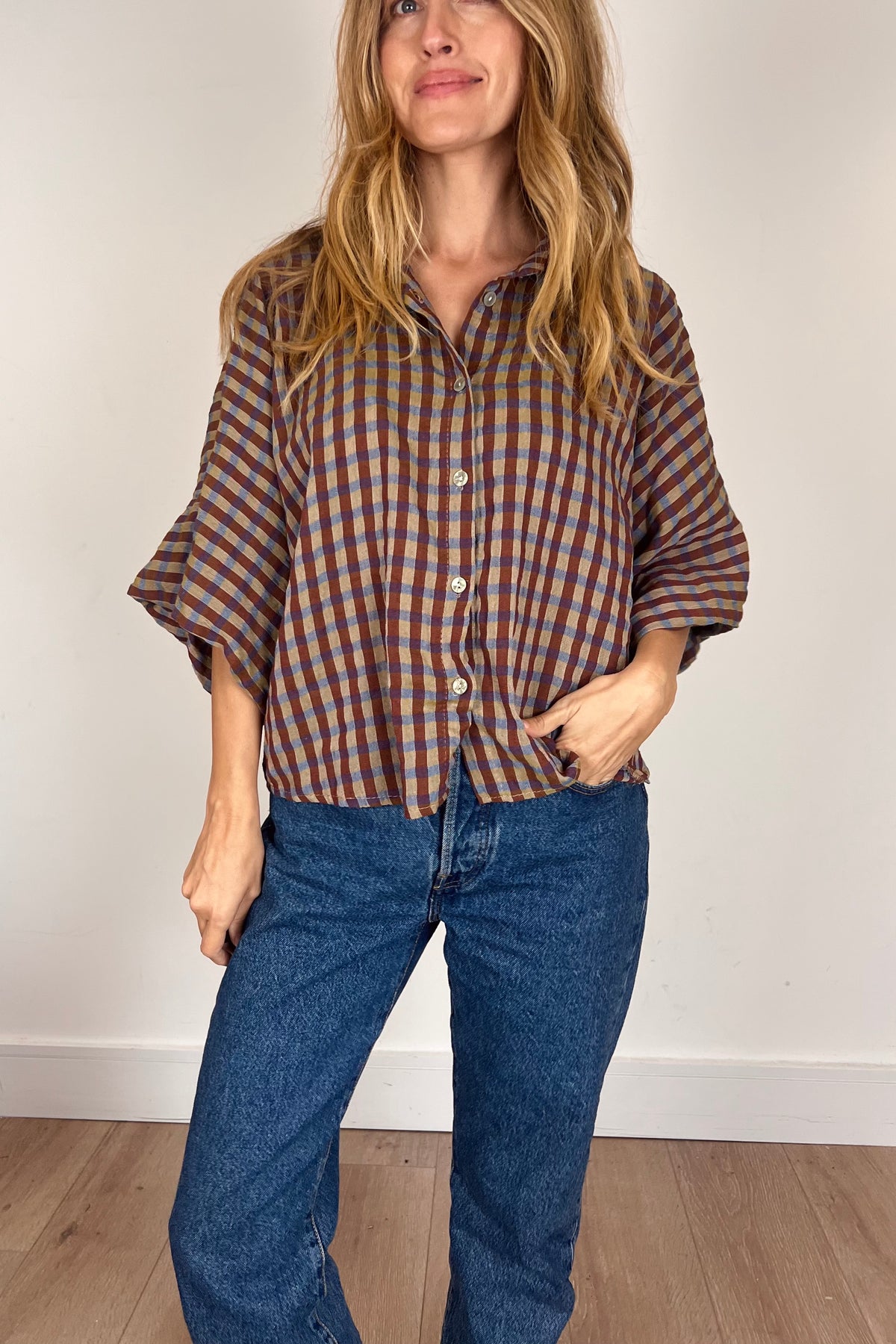Multi Coloured Check Shirt With Wide Sleeve