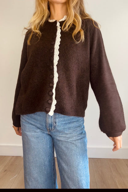 Soft Knit Lace Trim Cardigan in Chocolate