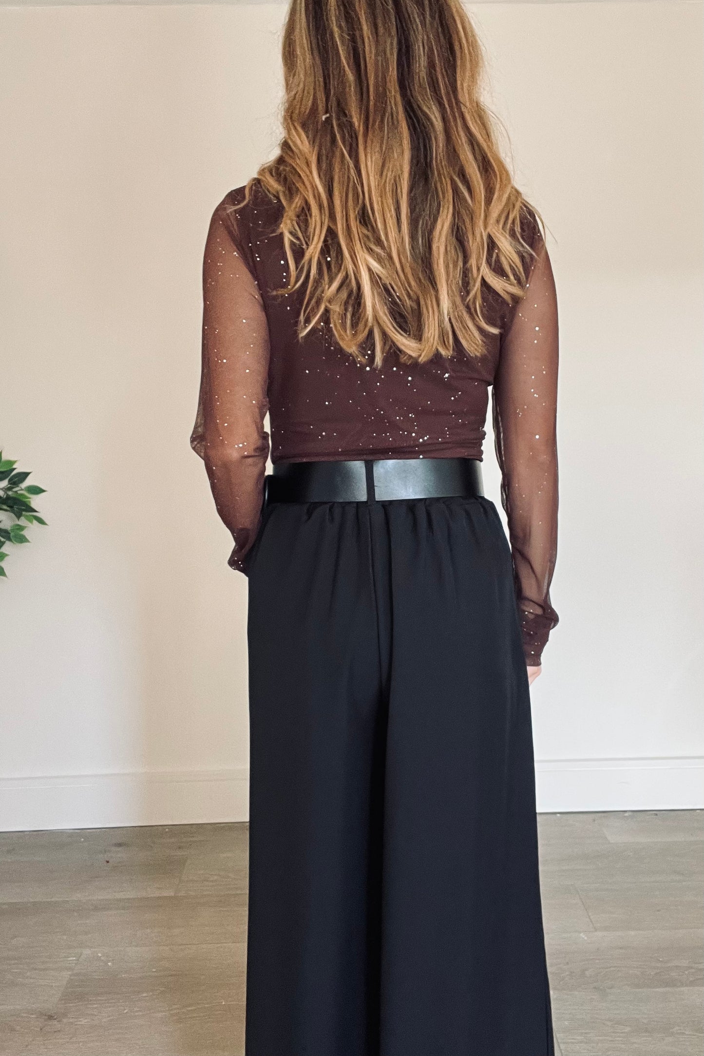 Mesh Drape Detail Sparkle Top in Brown