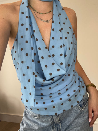 Cowl halterneck scarf detail polka dot top