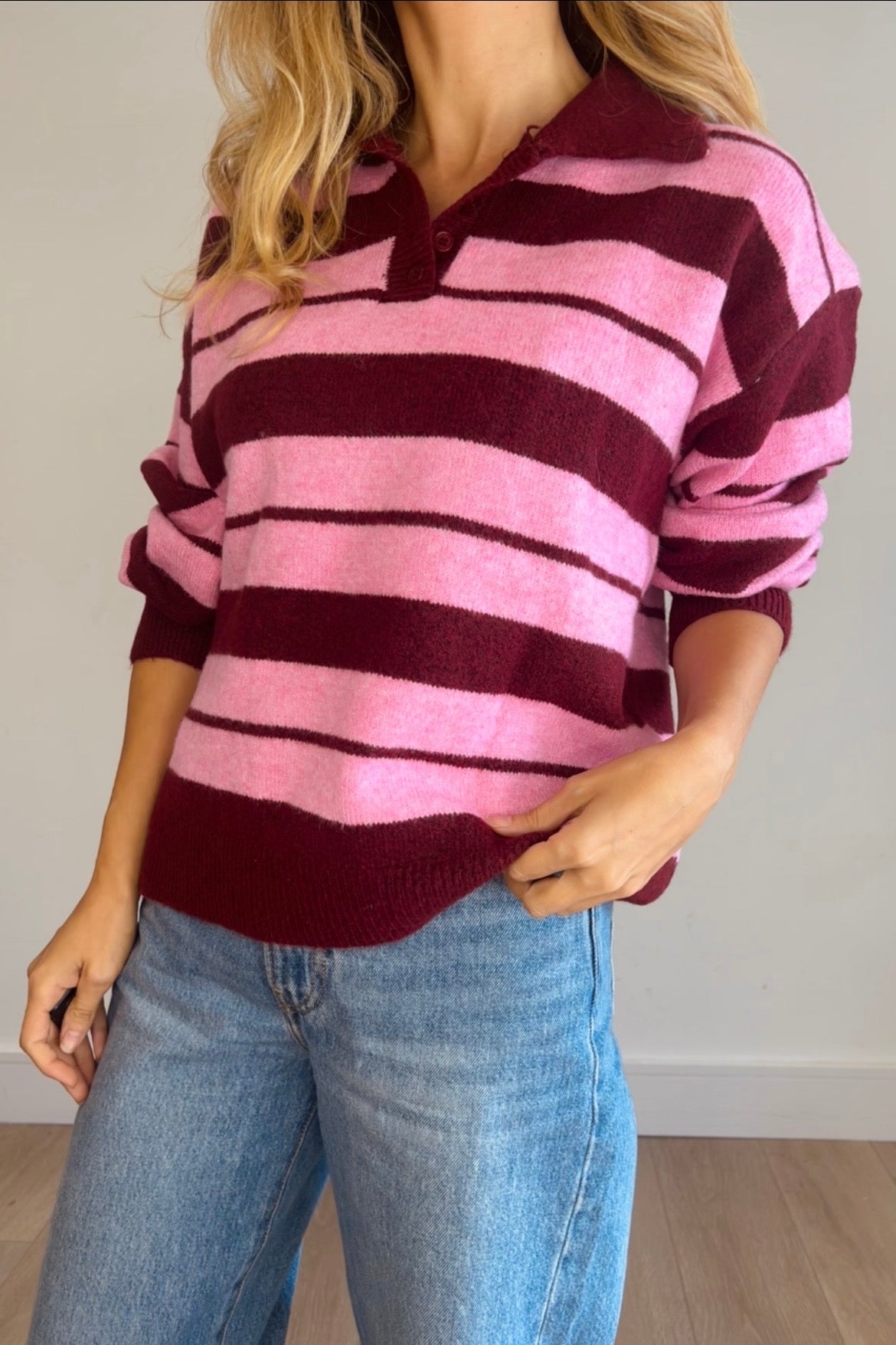 Red/Pink Stripe Polo Style Jumper