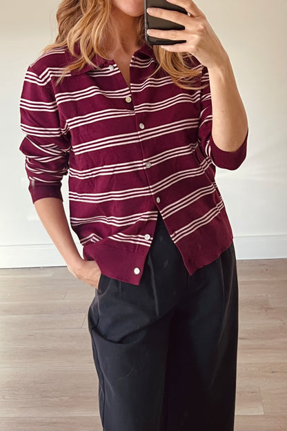 Burgundy Stripe Button Down Jumper With Collar