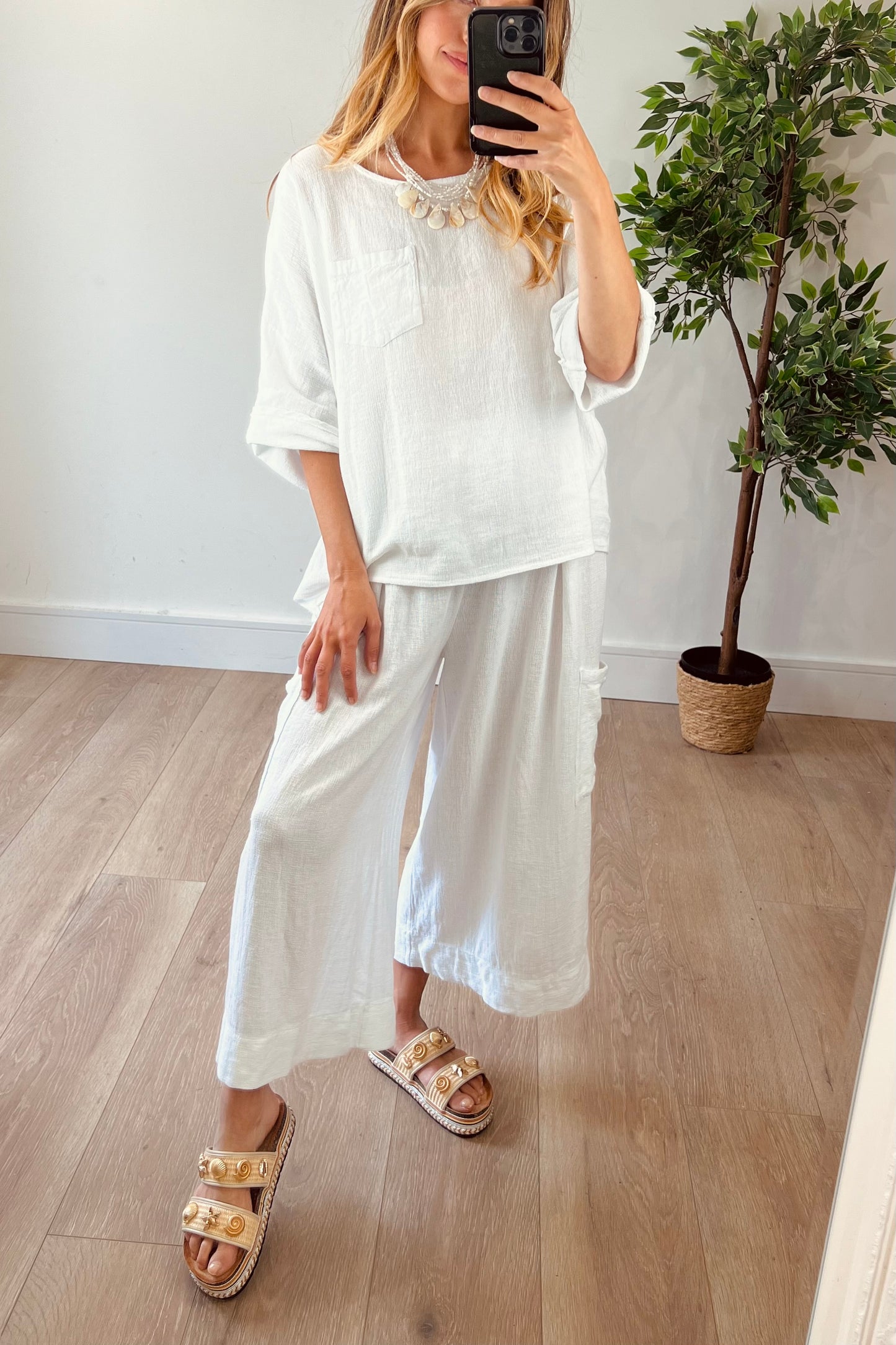 Linen Blend Cropped Wide leg Trousers