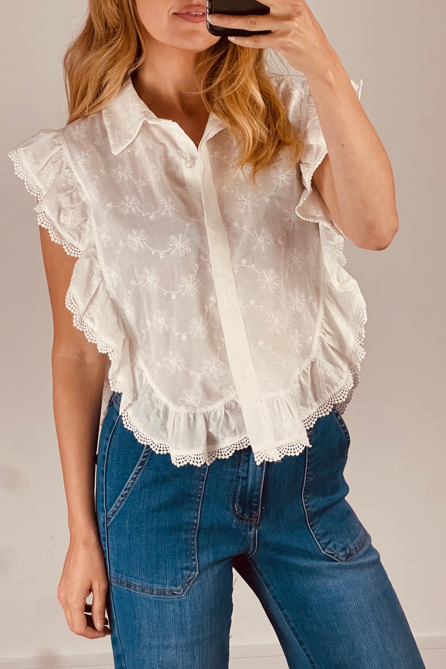 White Embroidered Ruffle Blouse