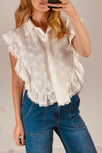 White Embroidered Ruffle Blouse