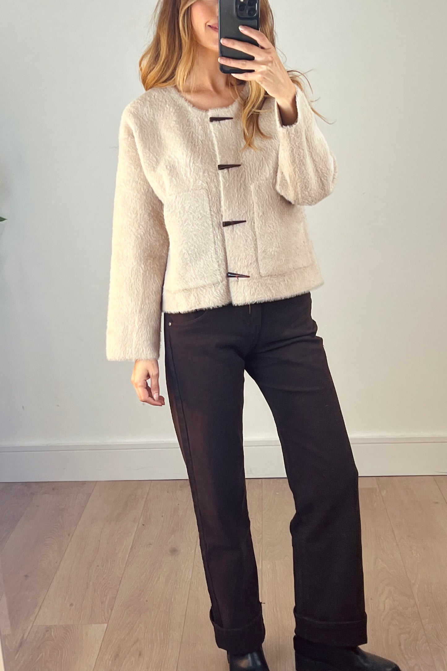 Fluffy Toggle Cardigan in Beige