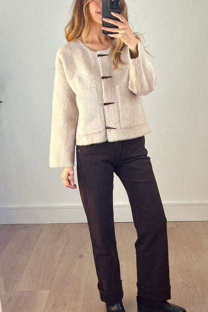 Fluffy Toggle Cardigan in Beige