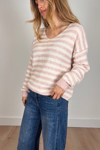 Knitted Stripe V Neck Jumper