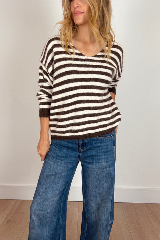 Knitted Stripe V Neck Jumper