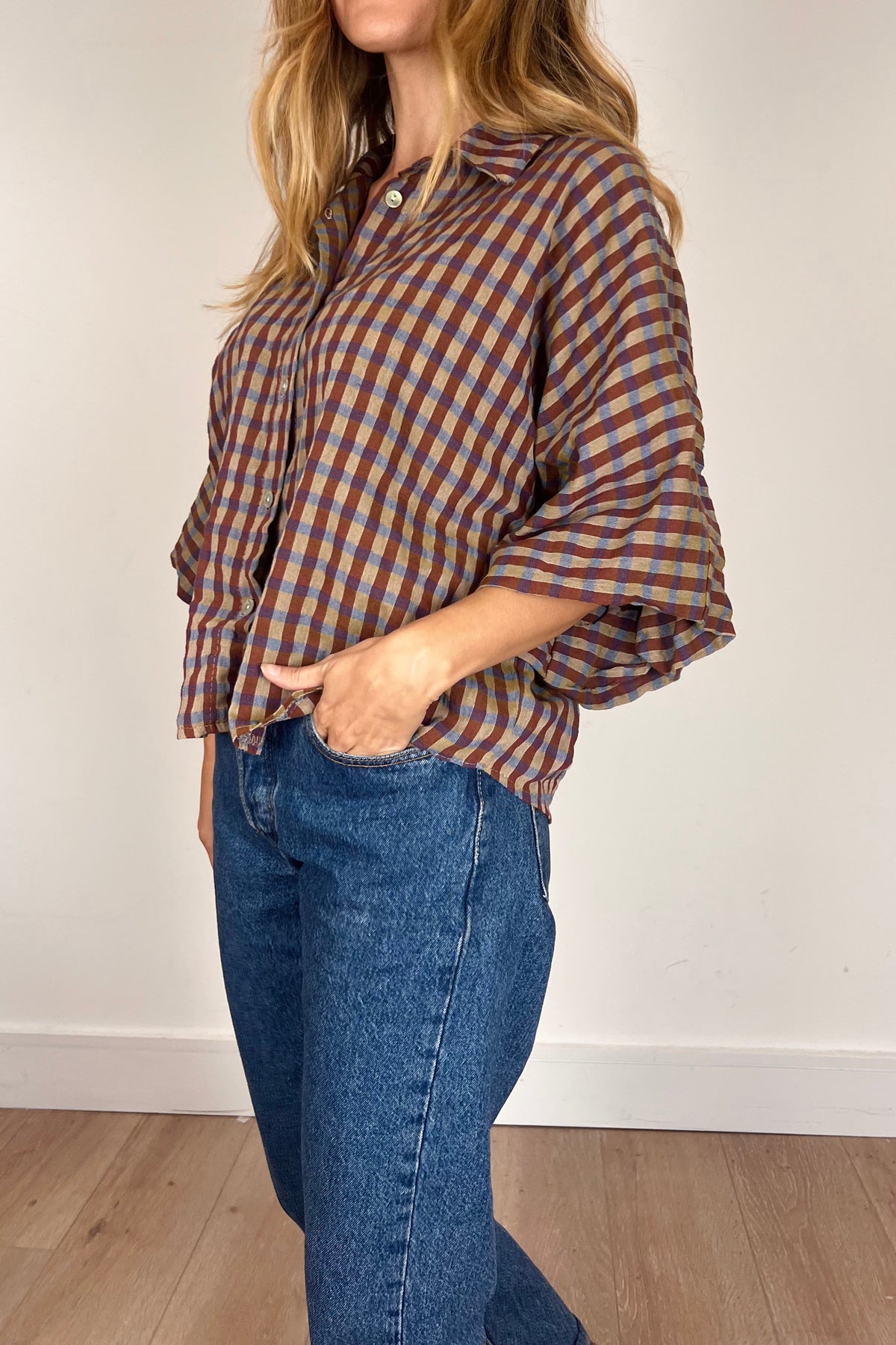 Multi Coloured Check Shirt With Wide Sleeve