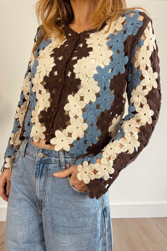 Blue/Brown Crochet Flower Cardigan