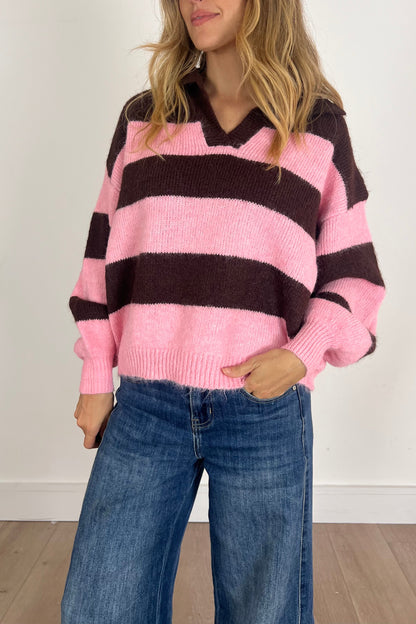 Pink/Brown Knit Jumper With Collar
