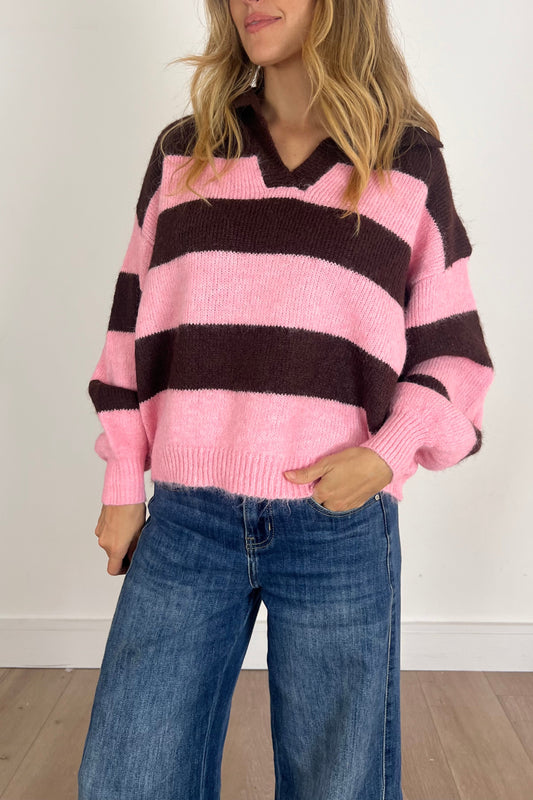 Pink/Brown Knit Jumper With Collar