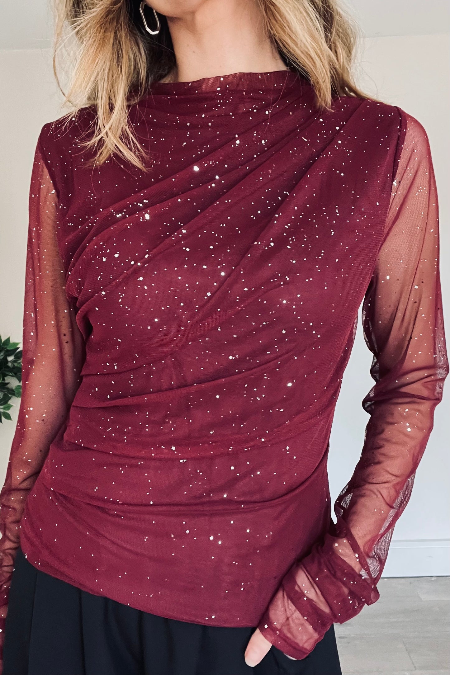 Mesh Drape Detail Sparkle Top in Burgundy