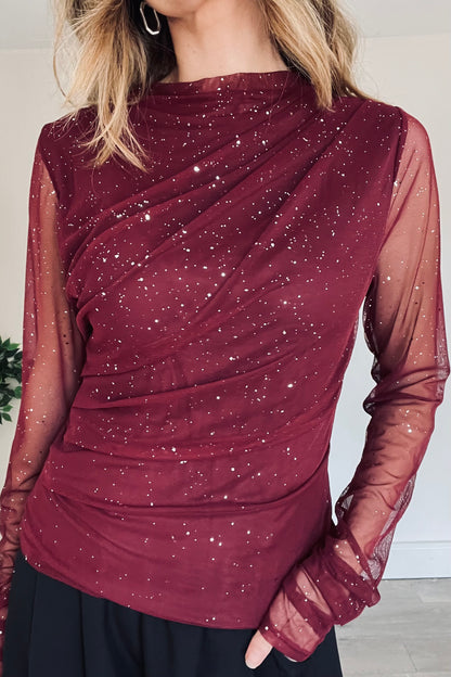 Mesh Drape Detail Sparkle Top in Burgundy