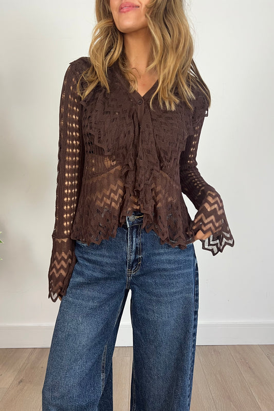 Ruffle Crochet Button Down Top in Brown