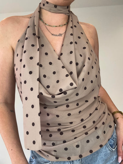 Cowl halterneck scarf detail polka dot top