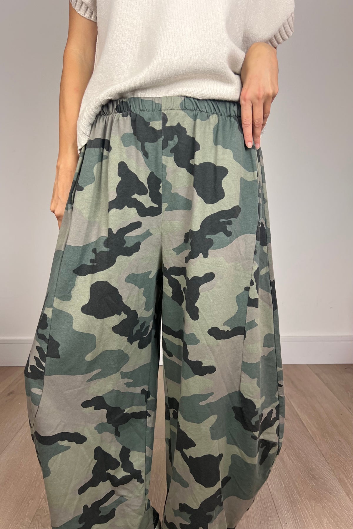 Khaki Camouflage Print Barrel Trousers