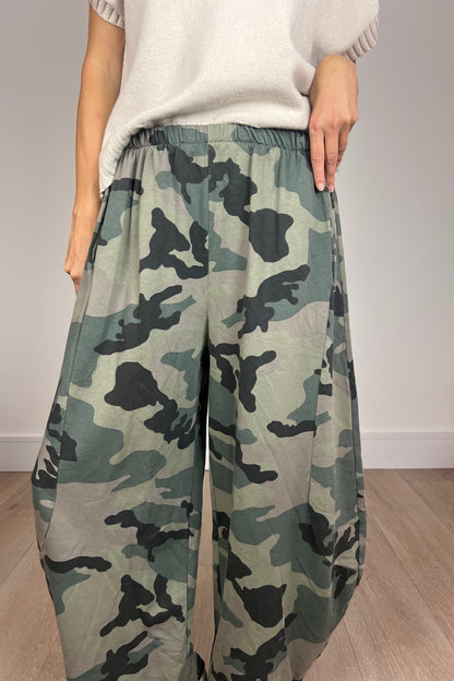 Khaki Camouflage Print Barrel Trousers