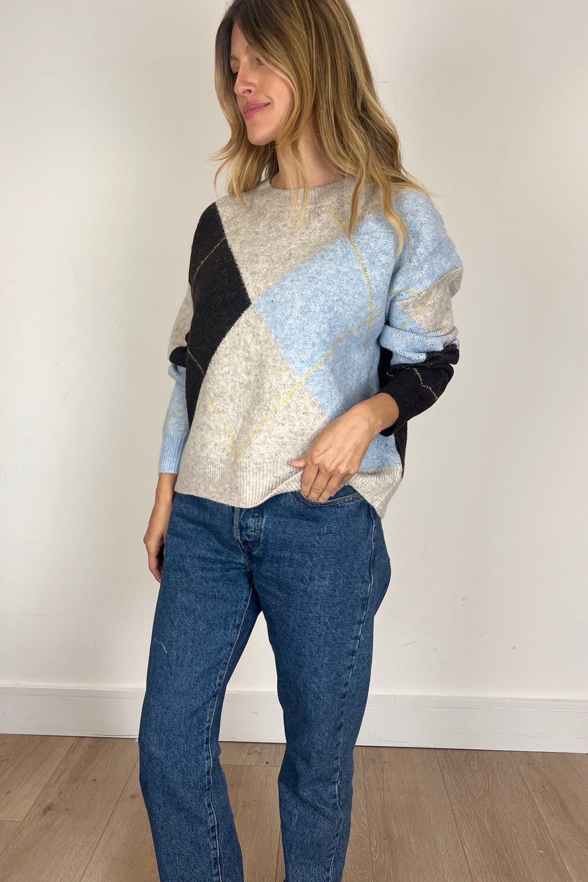 Soft Argyle Knit Jumper in Pale Blue