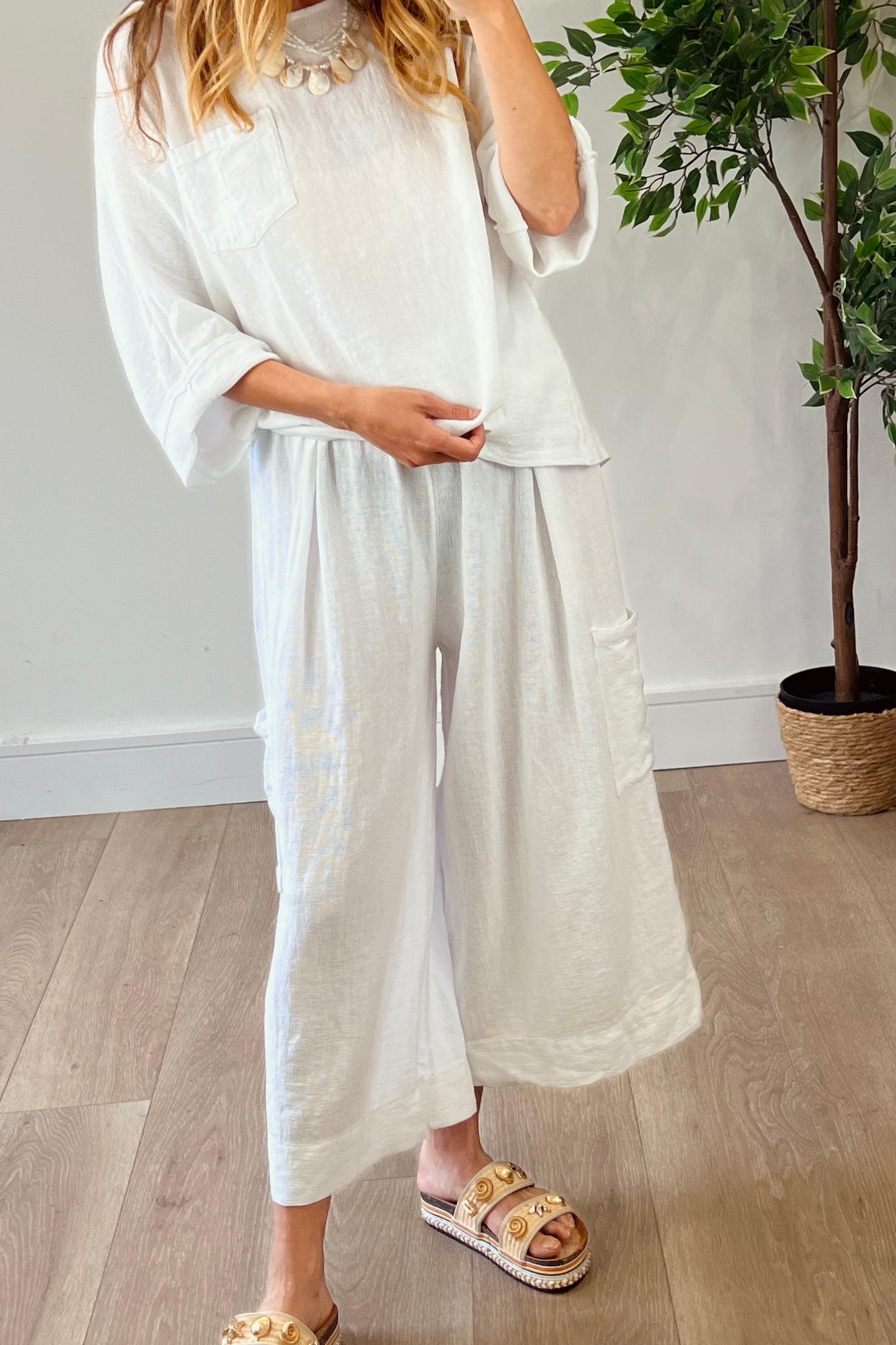 Linen Blend Cropped Wide leg Trousers