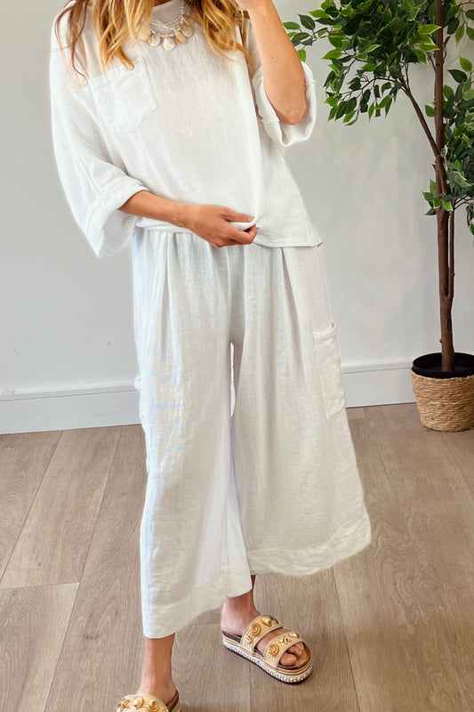 Linen Blend Cropped Wide leg Trousers