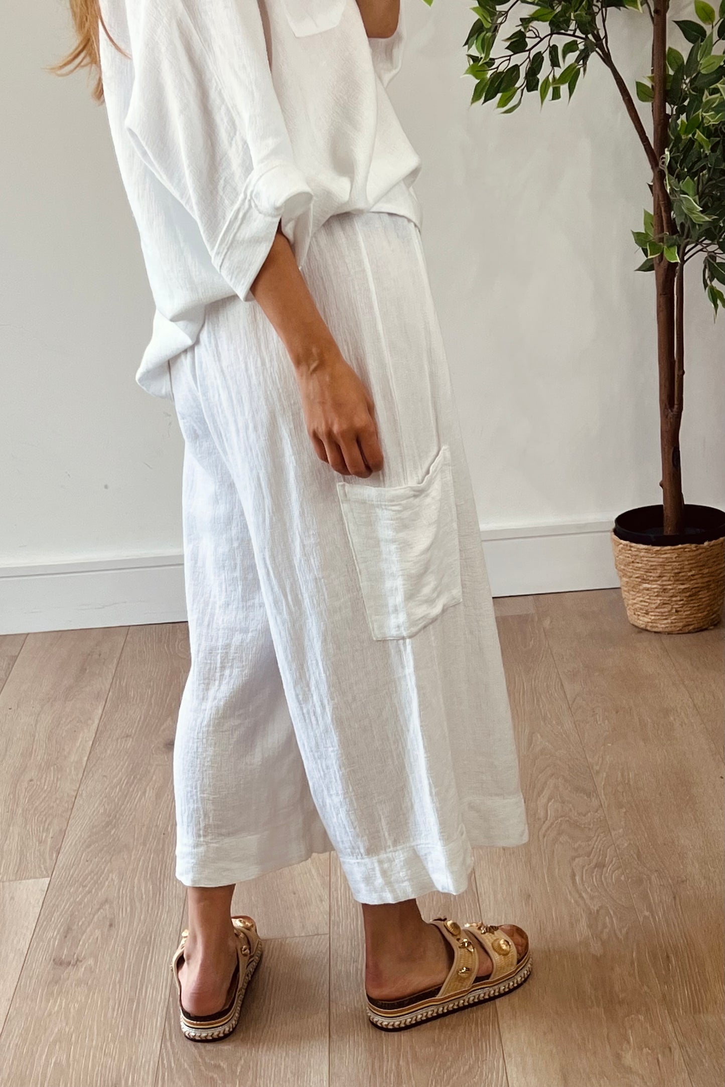 Linen Blend Cropped Wide leg Trousers