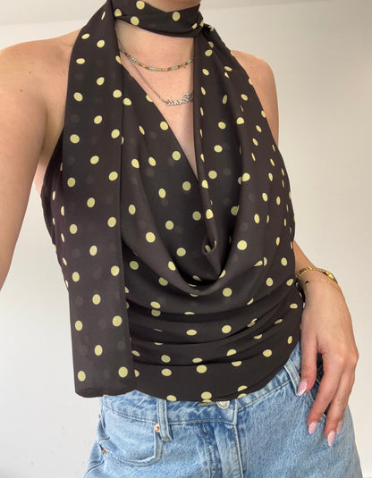 Cowl halterneck scarf detail polka dot top