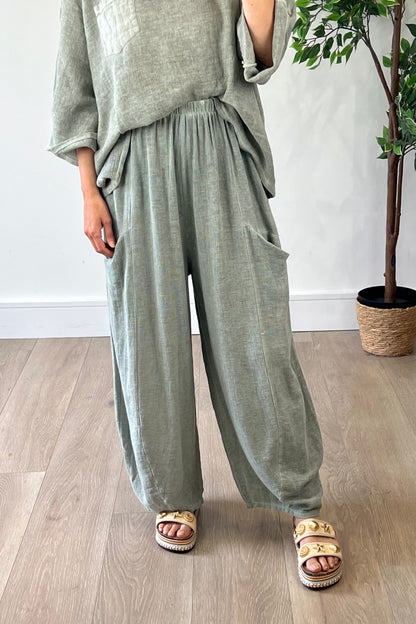 Linen blend Barrel Trousers in Khaki