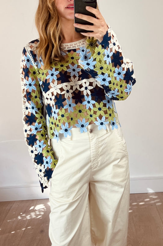 Green/Blue Flower Crochet Top