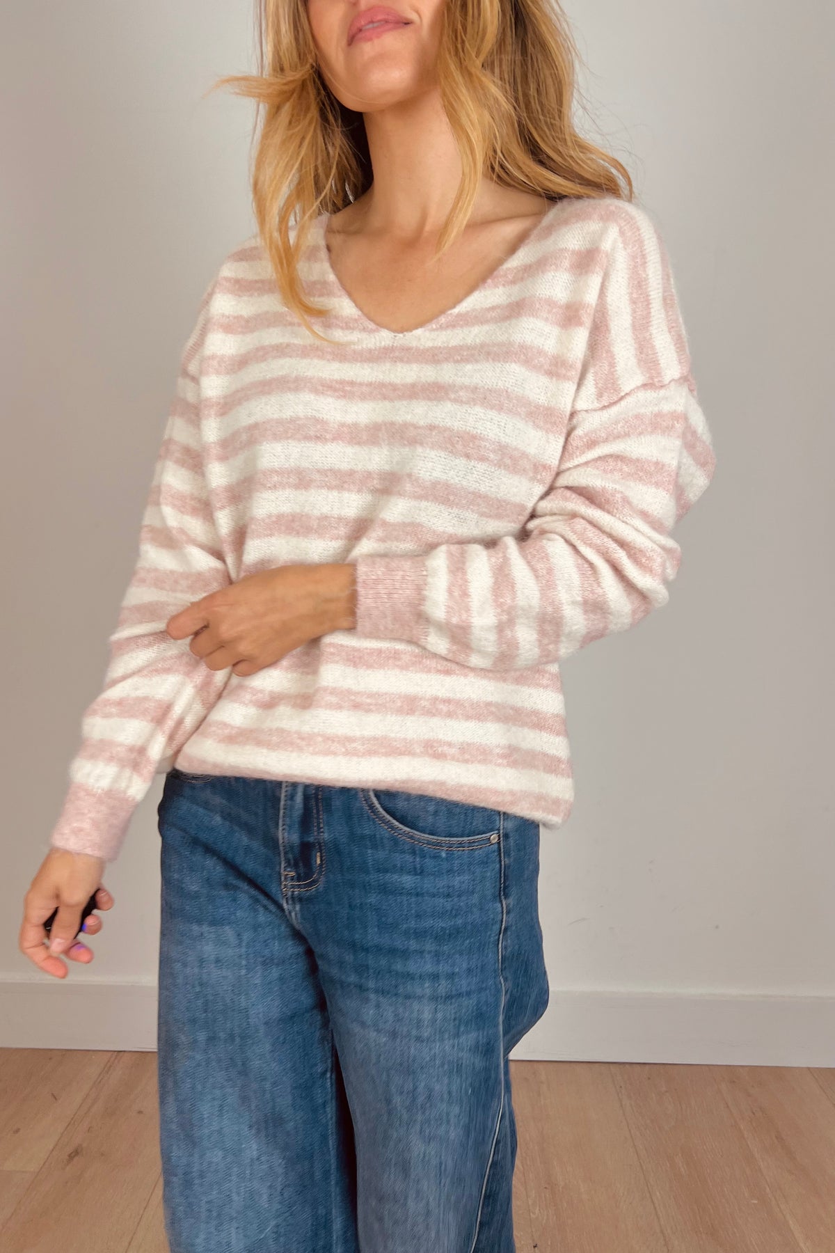 Knitted Stripe V Neck Jumper