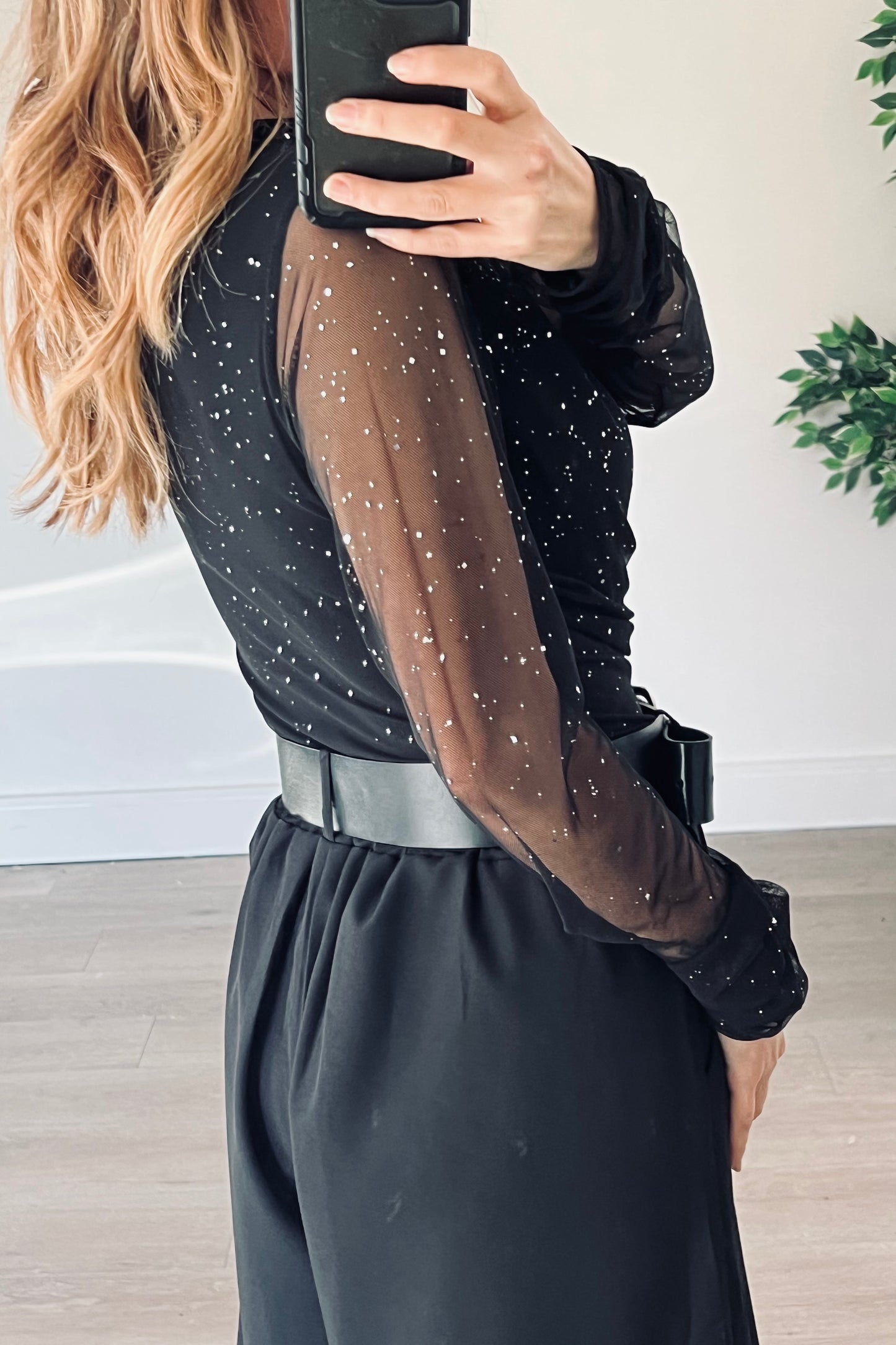 Black Drape Detail Sparkle Top